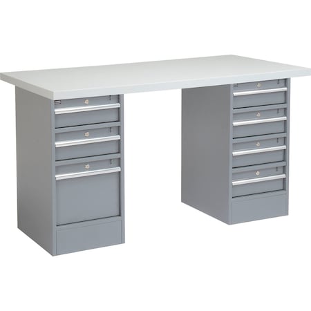 Global Industrial 72 x 24 Pedestal Workbench 3 Drawer / 4 Drawers, Laminate Square Edge Gray 253803